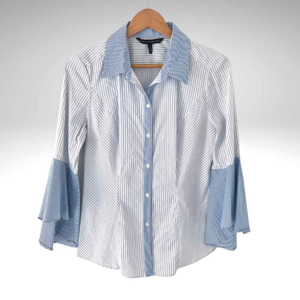 WHBM Sophia Stripe Button Down Collared Blouse with Bell Sleeves Size 10